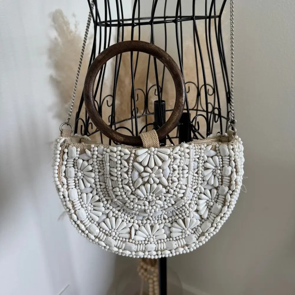 ZARA White Beaded Boho Half Moon Wooden Top Handle Convertible Bag Chain Strap - Picture 8 of 10